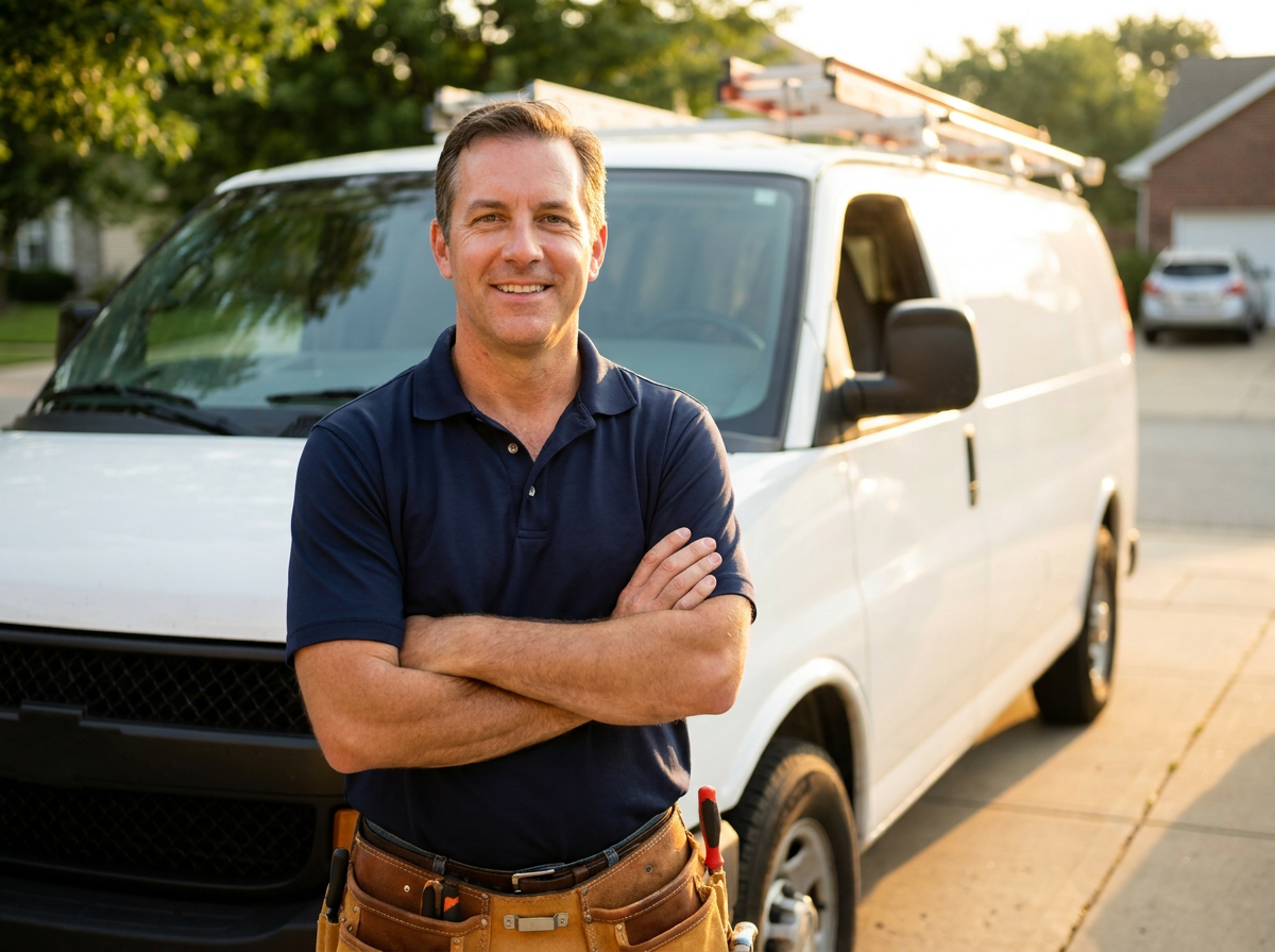 Owner and licensed electrician in front of the work van