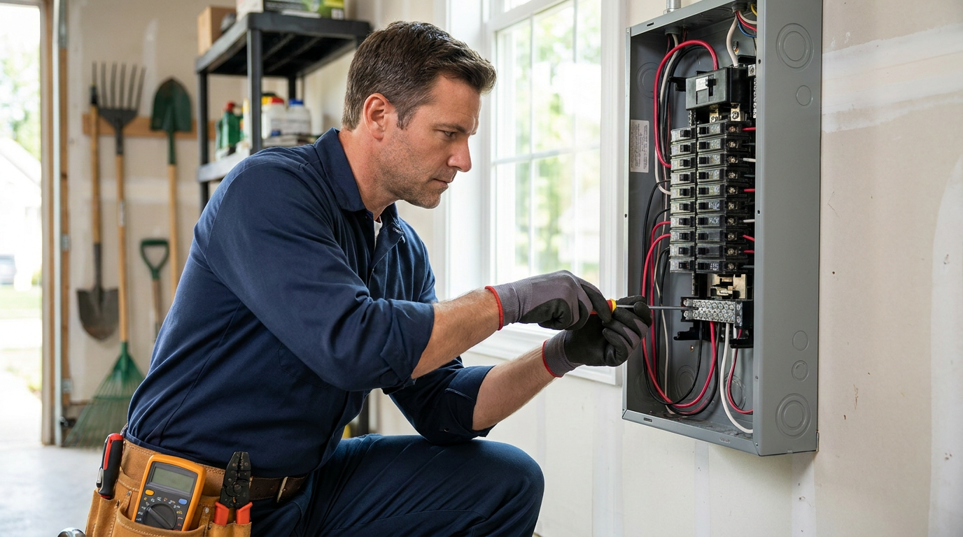 Licensed electrician wiring a residential breaker panel